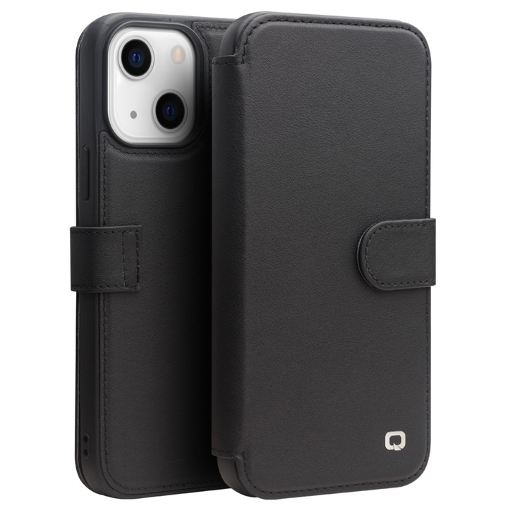 Husa pentru iPhone 13, Qialino, piele naturala tip portofel, inchidere magnetica, protectie 360, culoare Negru