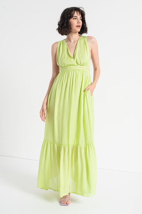Maison Scotch, Разкроена дълга рокля с джобове и шпиц, Шам фъстък зелено