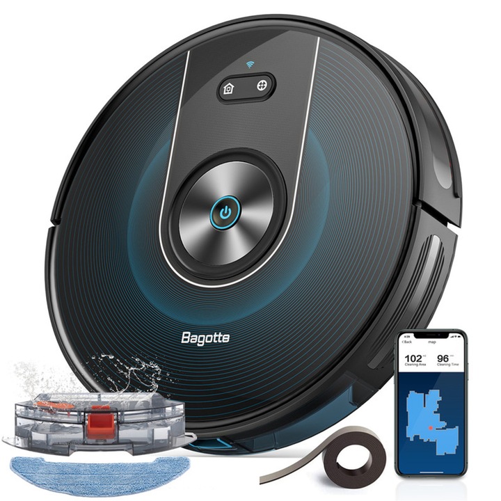Aspirator Robot Podea Bagotte BG800, WiFi, Functie Mop, Control de la Distanta prin Aplicatie, Tehnologie AutoBoost, 3000 Pa, 120 Minute Autonomie, Robot Aspirare, Spalare, Moduri Personalizabile de Curatare, Multi-Suprafata, Negru Mat