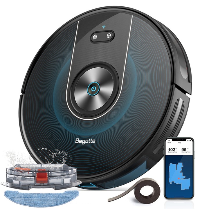 Robot de Aspirare cu Spalare Bagotte BG800, WiFi, Functie Mop, Control de la Distanta prin Aplicatie, Tehnologie AutoBoost, Putere Aspirare 3000 Pa, 120 Minute Autonomie, Moduri Personalizabile de Curatare, Curatare Eficienta pe Multi-Suprafata, Negru Mat