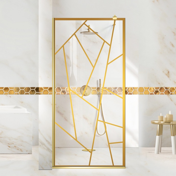 Paravan dus walk-in Aqua Roy® Gold, model Atlas auriu, feronerie full inox auriu, sticla 8 mm clara, securizata, anticalcar, 60x195 cm