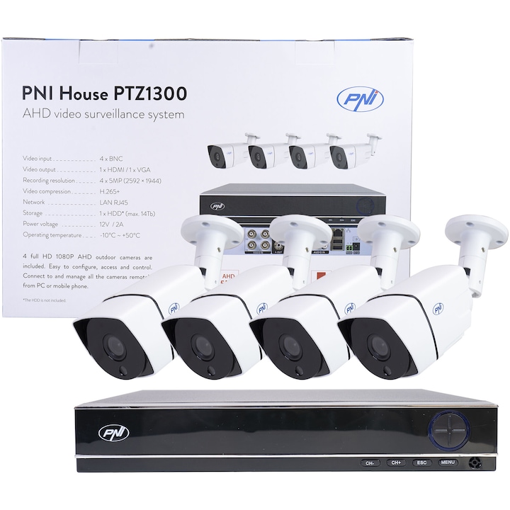 Комплект за видео наблюдение AHD PNI House PTZ1300 Full HD - NVR и 4 камери екстериор 2MP full HD 1080P