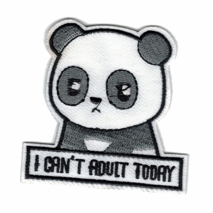 Petic textil brodat Panda I can't adult today 6.2x6.2 cm
