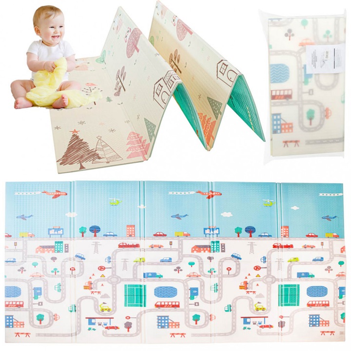 Kétoldalas habszivacs játszószőnyeg város-erdő mintával, 150x190cm