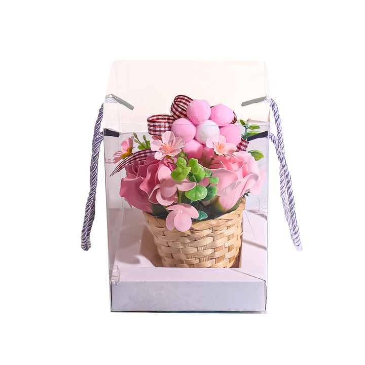 Aranjament floral elegant, flori de sapun, D4093, Roz, 16x12x12 cm