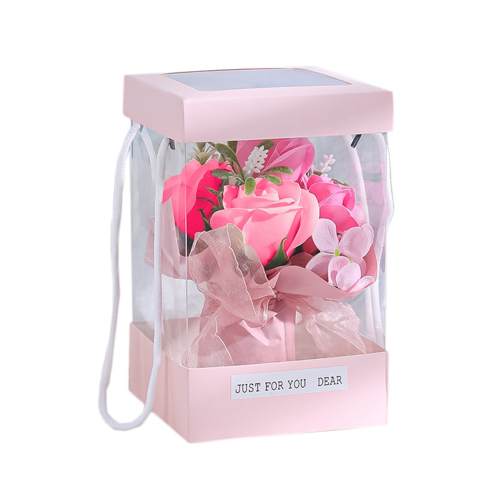 Aranjament floral elegant, flori de sapun, D4096, Roz, 12.5X12.5X20.5 cm