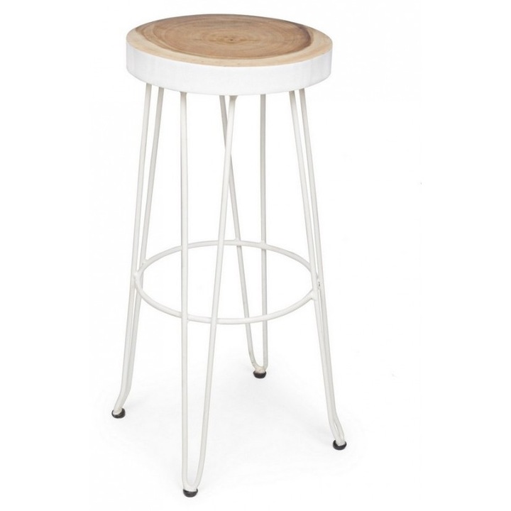 Scaun de bar cadru fier alb si sezut lemn Rakel 33x44x76 cm