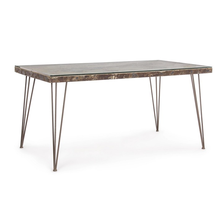 Маса с крака от кафяво желязо, керамичен и стъклен плот, 160 cm x 90 cm x 77 h