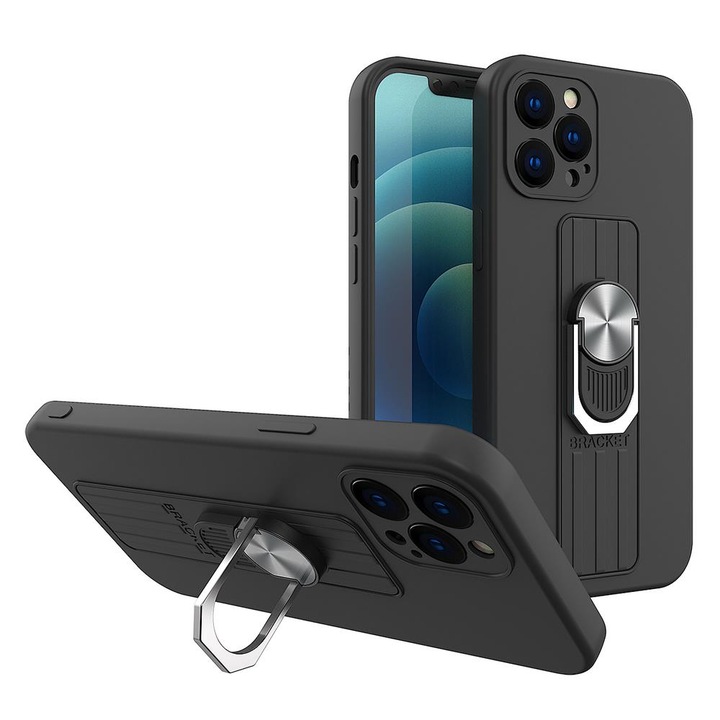Védőtok Samsung Galaxy A12 Nacho A127 / M12 M127 / A12 A125 készülékhez, Silicon Flexi gyűrű, Grip Pro, U1072, Deep Dark