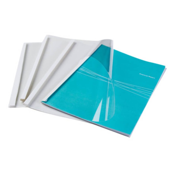 100 darabos készlet Fellowes hátlapi hőtakaró, 1,5 mm, műanyag felület, karton hátlap, 15 Coli, fehér/átlátszó