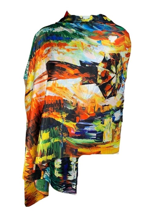 Esarfa tip sal doua fete pictata FP, matase, albastru/portocaliu, 180x70cm