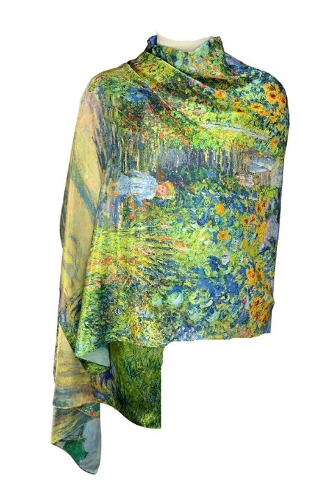 Esarfa tip sal doua fete pictata CO, matase, albastru/galben, 180x70cm