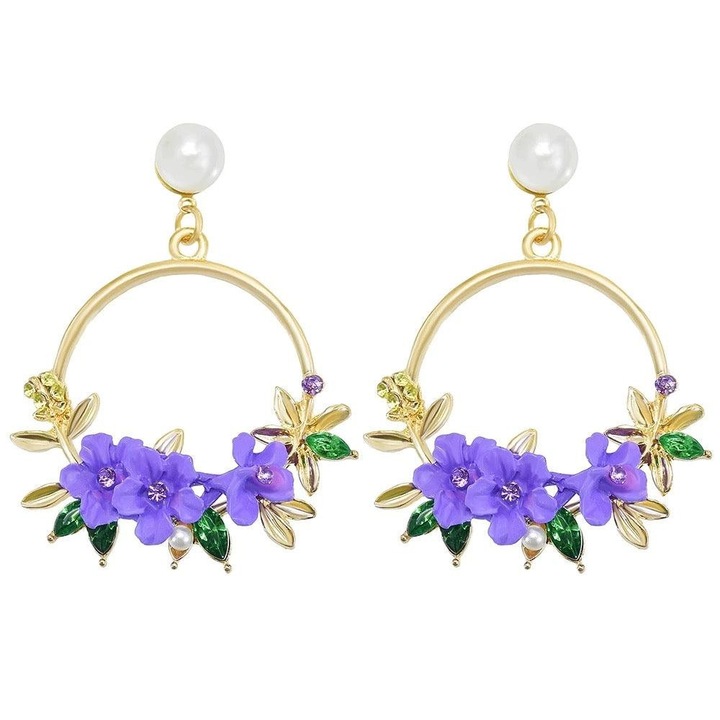 Cercei aurii, rotunzi, cu flori mov, Evanne C14, Pursehuit
