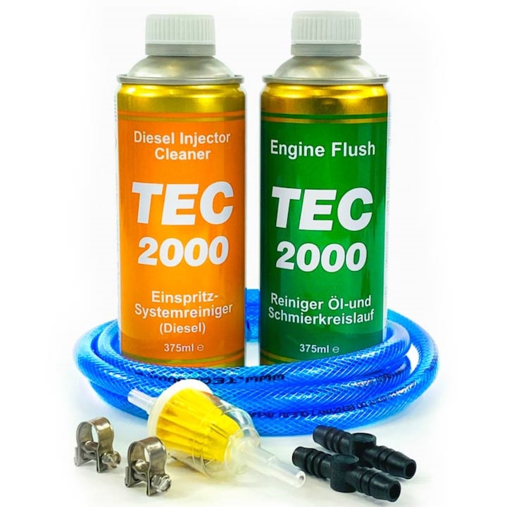 Kit curatare sistem injectie + motor Diesel, TEC 2000, Aditivi + furtun + accesorii, 375 ml, Multicolor