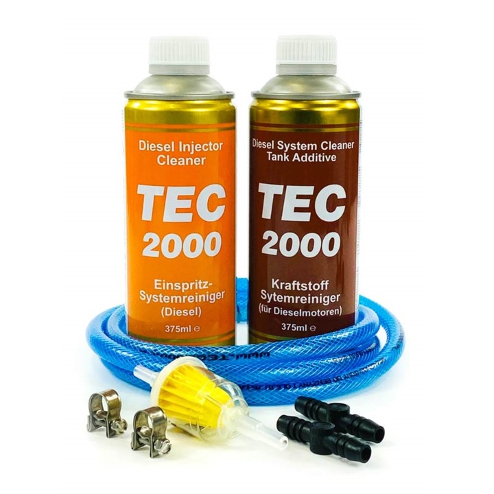 Kit curatare pentru motoare Diesel, TEC 2000, 2 x aditivi + furtun + accesorii, 375 ml, Multicolor
