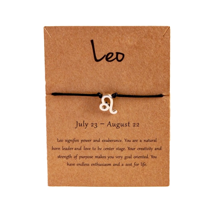 Bratara semn zodiac leu argintiu, creata manual, neagra, unisex, EFAYN