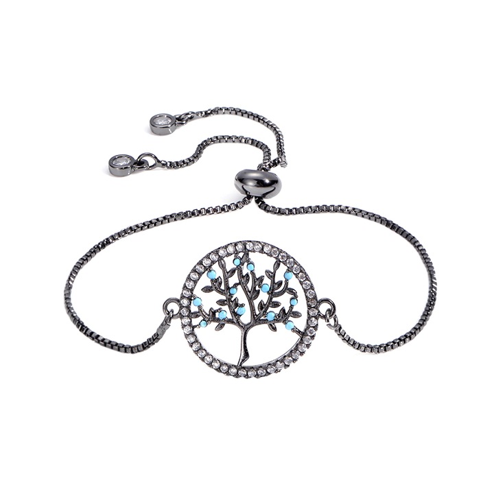 Тенис гривна EFAYN.RO, Дървото на живота, Кристали и полускъпоценни камъни, Цирконий, Регулируема, Черен