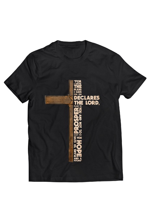 Мъжка тениска с къс ръкав Lepni.me Кръст с религиозно писание - Християнски подарък, Черен