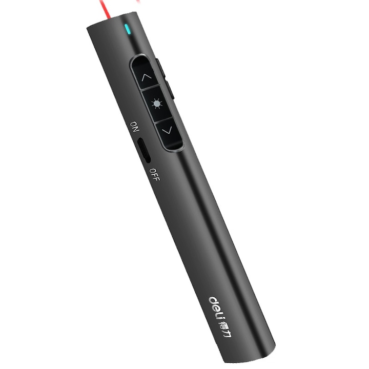 OEM DELI-2801 vezeték nélküli prezenter piros lézerrel, 100 m, 2.4 Ghz, USB, 360 mAh, Win/Android/Mac-OS, fekete
