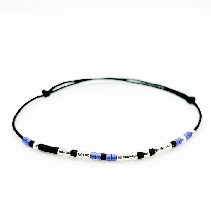 Bratara cod Morse "Te iubesc", reglabila, unisex, snur matase, argint, Saphire Black