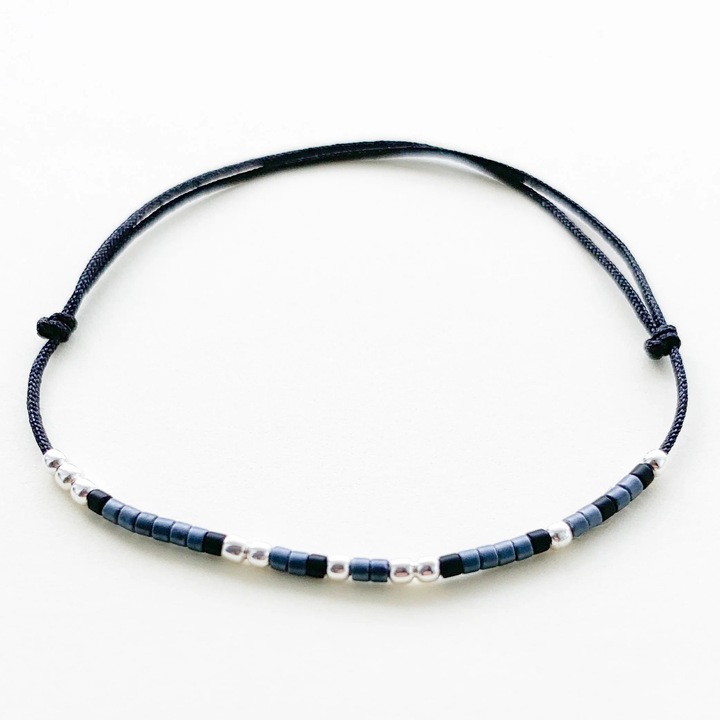 Bratara cod Morse "Soulmate", reglabila, unisex, snur matase, argint, negru/albastru