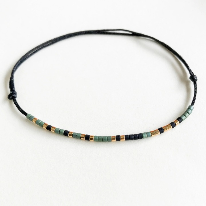 Bratara mesaj cod Morse "carpe diem", reglabila, dama, snur matase, placat cu aur 24K, verde/negru