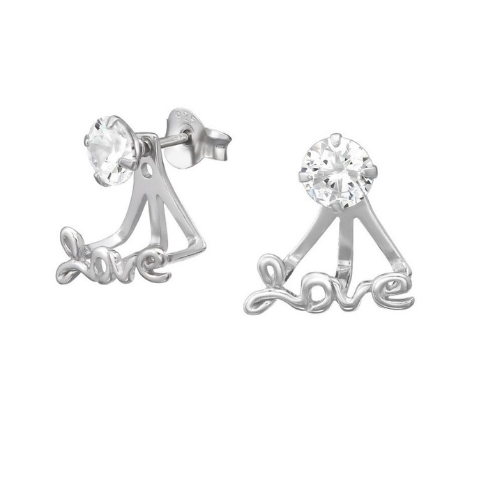 Сребърни обеци 2 лица циркон Love, 12 мм х 12 мм, Радар
