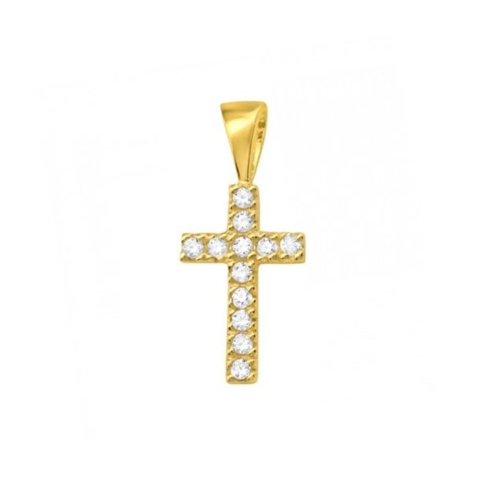 Arany kereszt medál kristályokkal, 9K ezüstözött 14K arannyal, arany, ékszerdoboz mellékelve