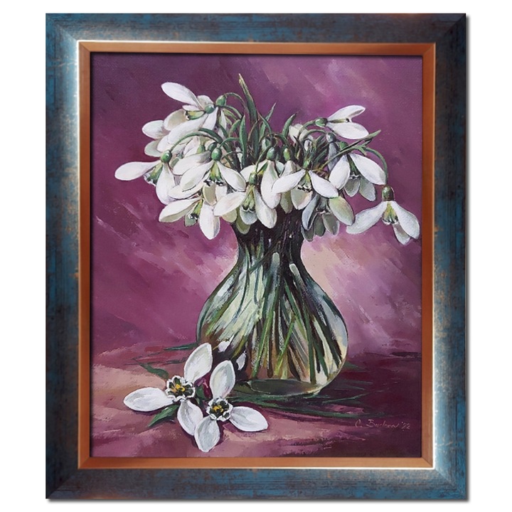 Tablou ArtDeco Ghiocei in glastra de sticla, pictura in ulei pe panza caserata pe MDF, dimensiuni exterioare cu rama 30 cm L si 25 cm l