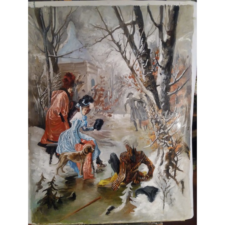 Tablou peisaj de iarna cu patinatori, pictura ulei pe panza peisaj de iarna 99x76cm