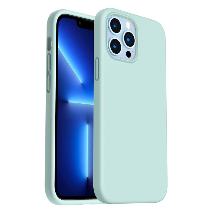 Husa protectie compatibila cu iPhone 14 Pro Max, slim din silicon, cu interior de catifea, Turcoaz
