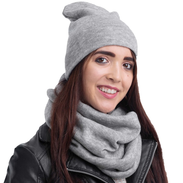 Set tricotat cu caciula si fular, Nandy, gri deschis, marime universala, NKP-18-19-108-JS-SZR