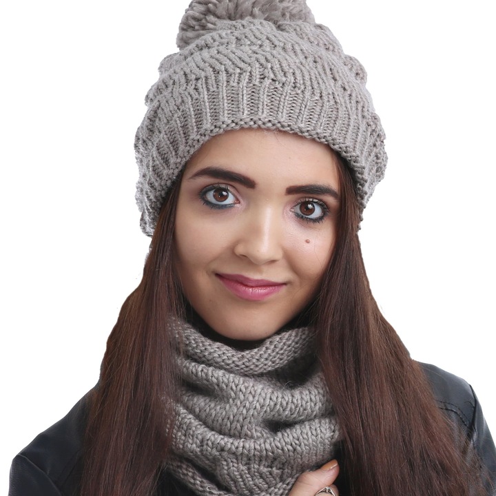 Set tricotat cu caciula si fular, Nandy, bej inchis, marime universala, NKP-06-20-018-CM-BEZ