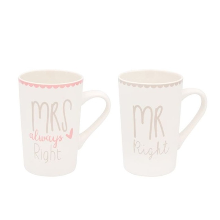 Set cadou 2 cani din portelan alb Valentine Day, cu mesaj personalizat pentru El si pentru Ea, tema Ziua indragostitilor