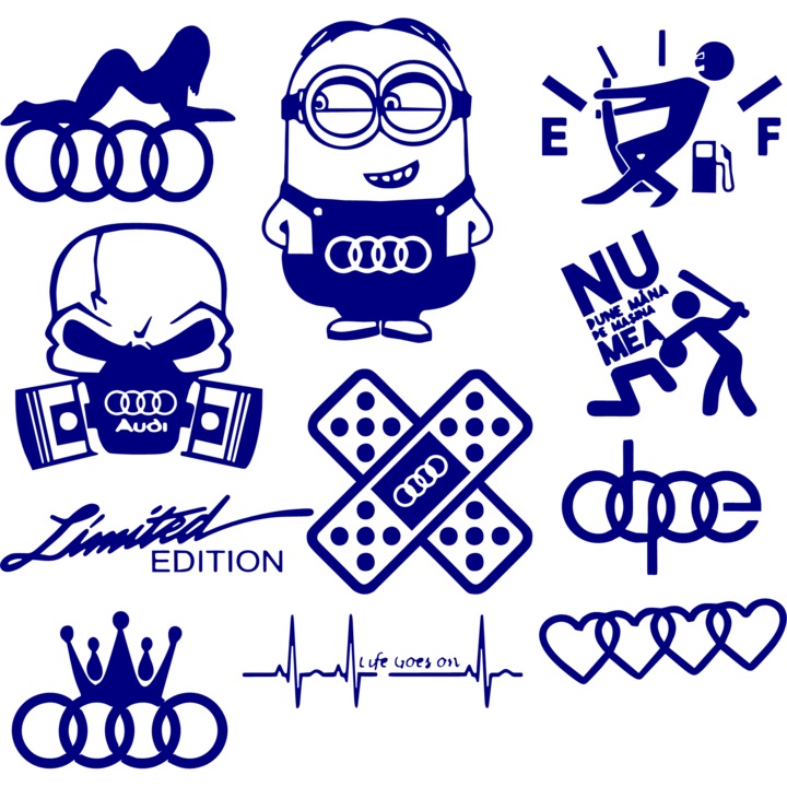 Set 11 stickere auto personalizate Audi 50 x 50 cm, albastru