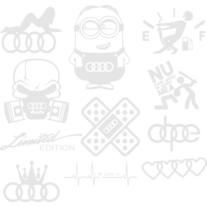 Set 11 stickere auto personalizate Audi 50 x 50 cm, alb