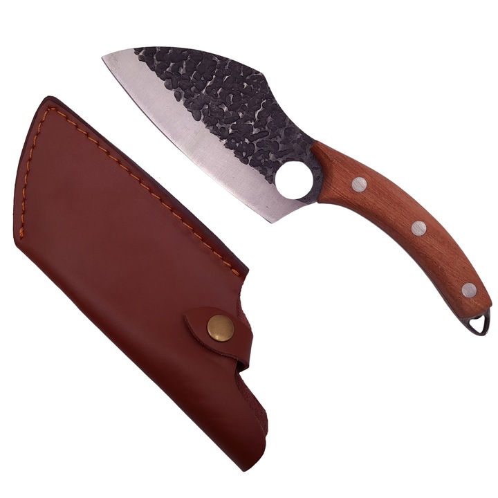 Cutit-satar, japonez, Depox, forjat manual, full tang 27 cm, otel inoxidabil, maner lemn, husa piele