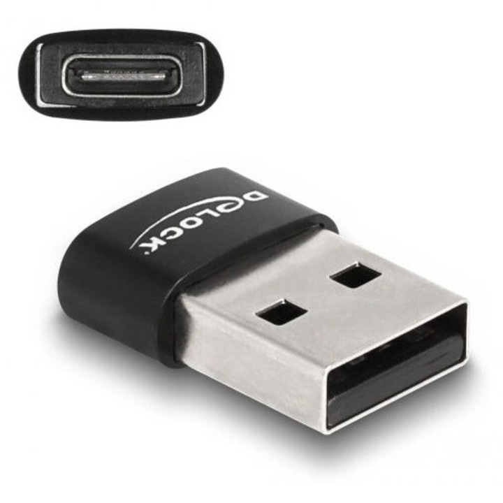 DeLock USB2.0 Adapter USB Type-A male to USB Type-C female Black, 187868, Speciális átalakító