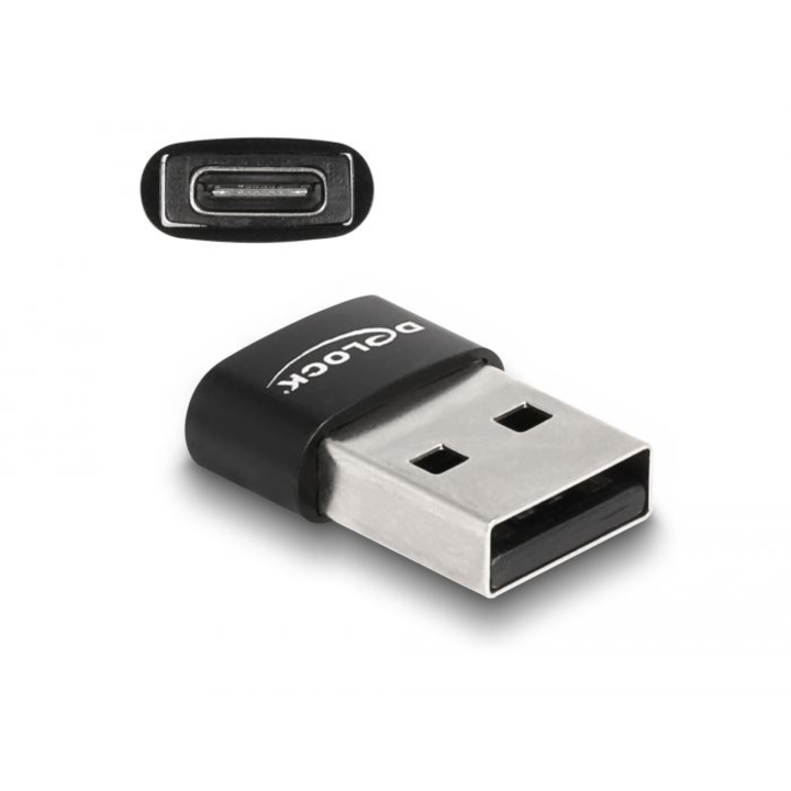 Адаптер Delock, USB 2.0, USB Type-A мъжко - USB Type-C женско, Черен