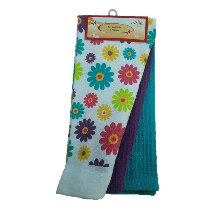 Комплект 3 кухненски кърпи, памук, флорален десен, лилаво/тюркоаз, 38 х 63 см