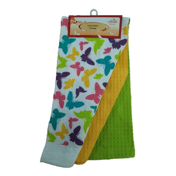 Комплект 3 кухненски кърпи, памук, шарка на пеперуда, зелено/жълто, 38 х 63 см