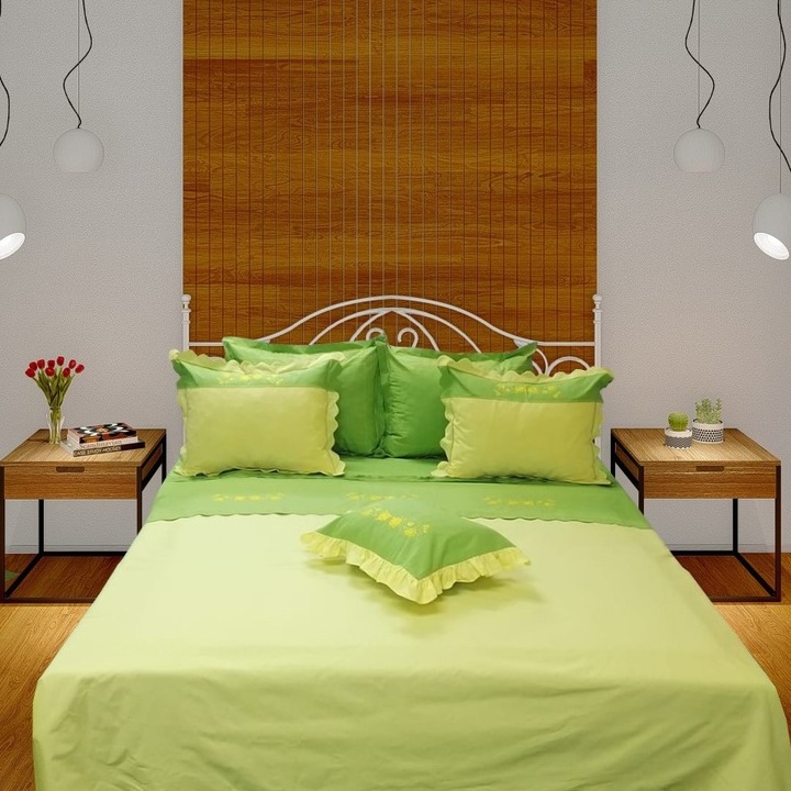 Комплект спално бельо Casa Bucuriei superking, модел Spring time, 7 части, цвят зелен/жълт, 100% памук, размер на плика за завивка 210 x 230 см и чаршаф 290 x 270 см