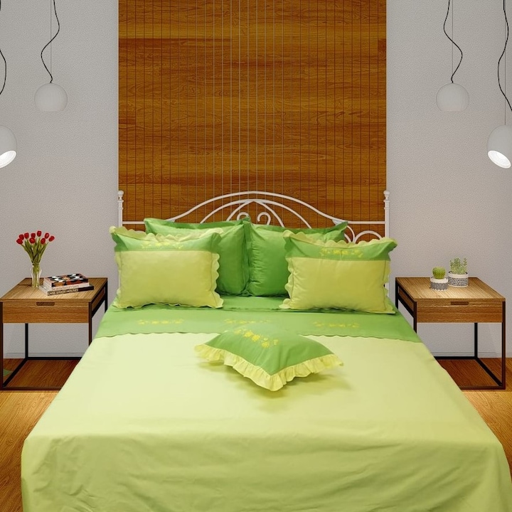 Комплект спално бельо Casa Bucuriei superking, модел Spring time, 7 части, цвят зелен/жълт, 100% памук, размер на плика за завивка 240 x 260 см и чаршаф 280 x 300 см
