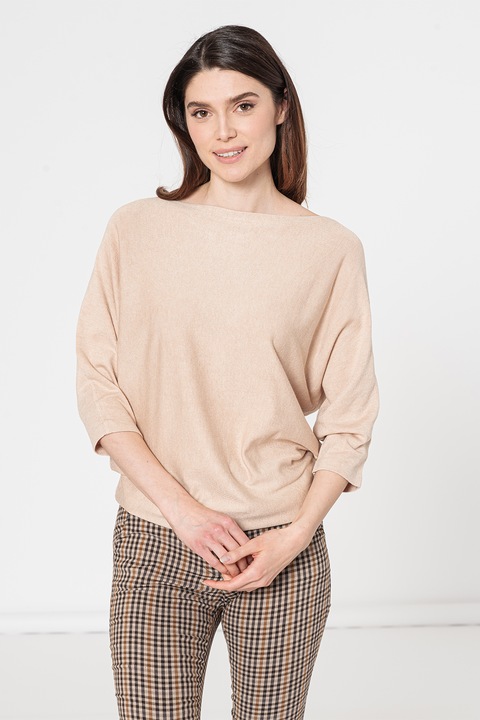 Hailys, Pulover tricotat fin cu decolteu barcuta Isa, Bej