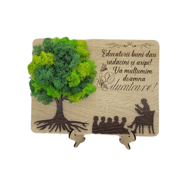 Placheta cu mesaj gravat si licheni stabilizati verzi, 6, 20x15cm