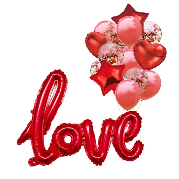 Комплект от 18 балона Valentine's Day, LOVE, Hearts, Stars, Confetti, червен цвят, It's Party Time