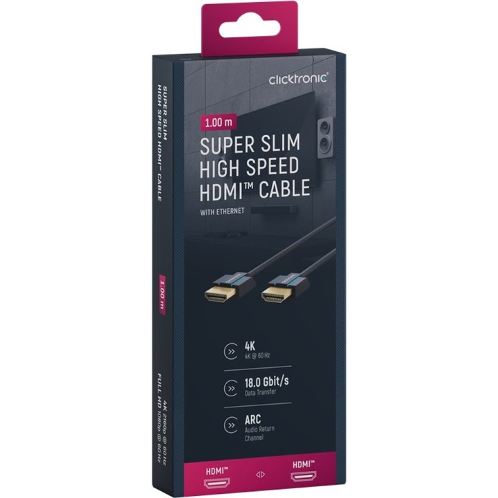 Cablu HDMI plat, Slim, High Speed Ethernet, Versiunea 2.0, 4K×2K@60hz, conectori auriti, 1m, ClickTronic