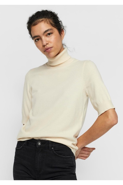 Top bej Vero Moda Happiness, maneci 3/4, cu decolteu rulat, Bej, XS