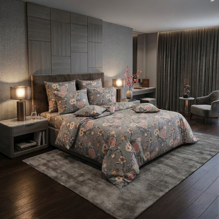 Lenjerie de pat gri floral, Casa Bumbac Textil by Edural, 2 persoane, 8 piese, multicolor, dimensiuni cearsaf 240/260 cm,100% bumbac ranforce