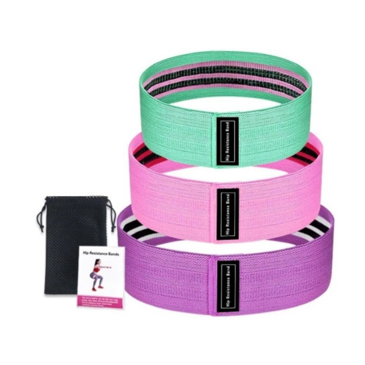 Комплект от 3 броя еластични фитнес ленти памук и латекс за тонизиране с 3 степени на устойчивост ML XL многоцветни